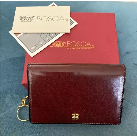 BOSCA Leather Fold Over Wallet Card Case Key Ring Burgundy